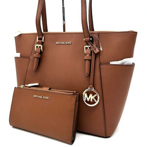 Michael Kors Large Charlotte Tote Bag & Large Double Zip Wallet Luggage Brown